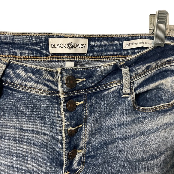 Black Daisy Relaxed Skinny Jeans Women's Distressed Paint Splatter Button Fly - Picture 4 of 6